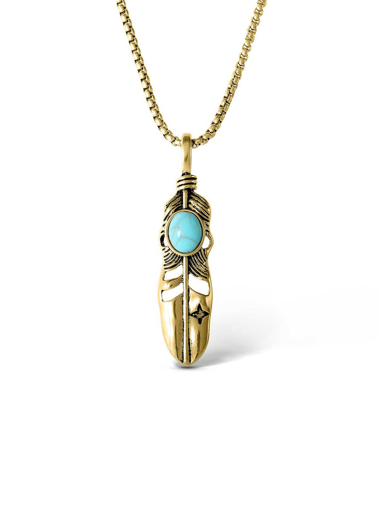 Feather Necklace with Turquoise Stone in Gold