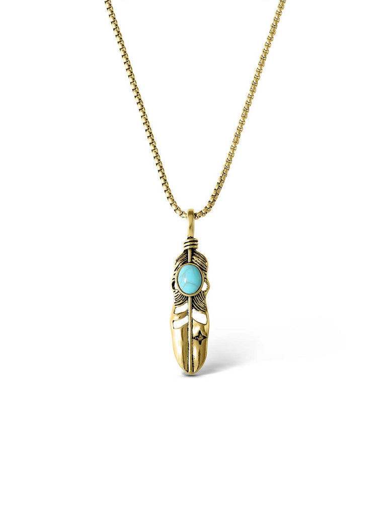 Feather Necklace with Turquoise Stone in Gold