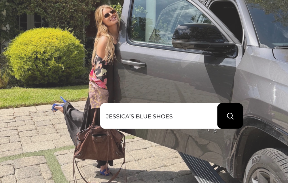 Jessica Simpson posing with her blue shoes kicked up.  A search bar says: Jessica's Blue Shoes