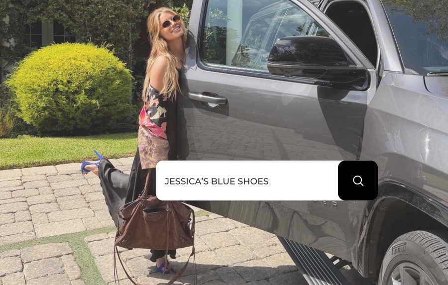 Jessica Simpson posing with her blue shoes kicked up.  A search bar says: Jessica's Blue Shoes