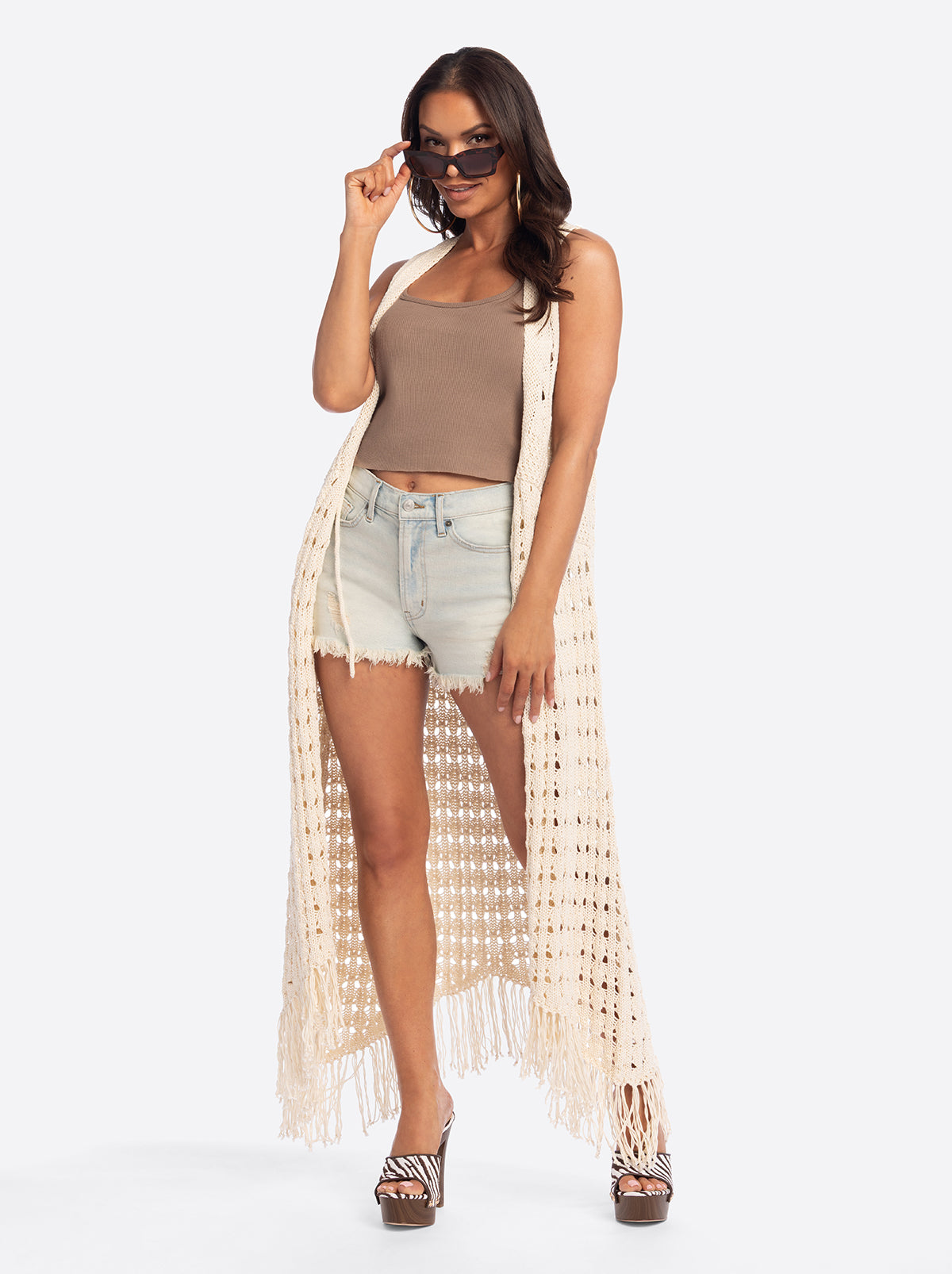 JESS  JS Jessica Simpson Marigold Crochet Duster in Whitecap Grey