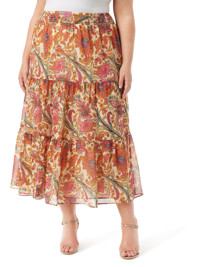 Sunita Tiered Skirt in Apricot Sherbet Paisley