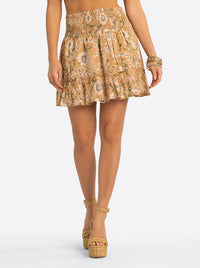 JS Jessica Simpson Adeline Smocked Waist Skirt in Camel Victorian Paisley