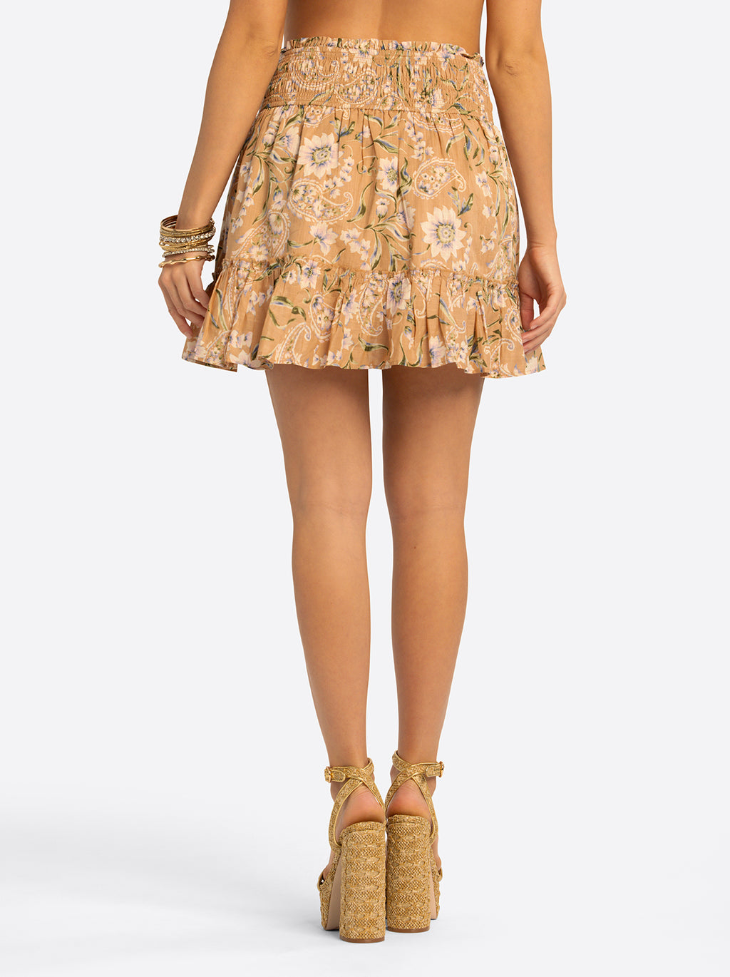 JS Jessica Simpson Adeline Smocked Waist Skirt in Camel Victorian Paisley