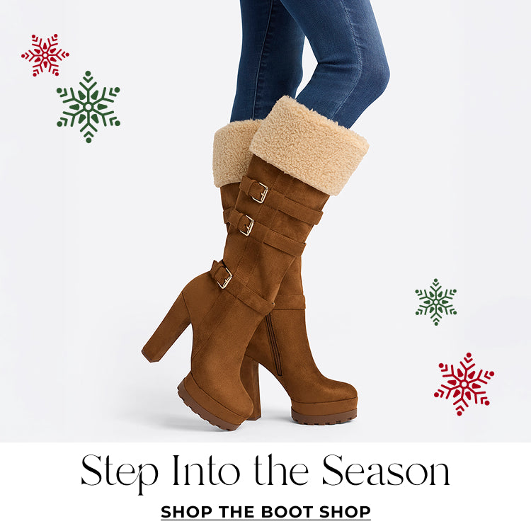 Brown suede boots with fur lining worn by a person, on a white background with snowflake graphics and text.
