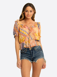 JS Jessica Simpson Cozette Peplum Blouse in Multi Celestial Patchwork