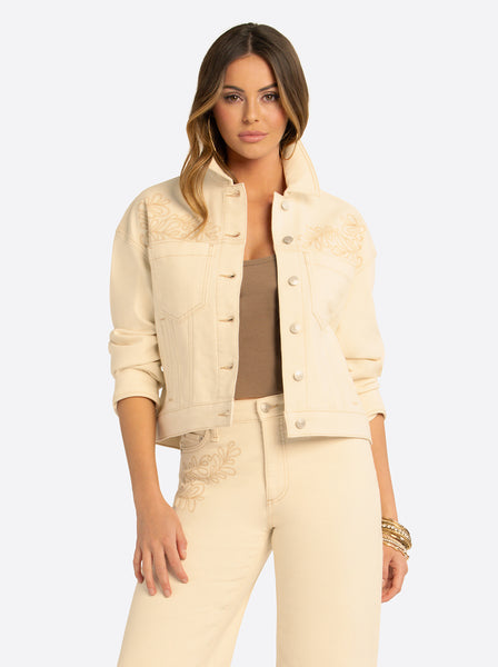 JS Jessica Simpson Pleat Back Denim Jacket in Undyed Natural