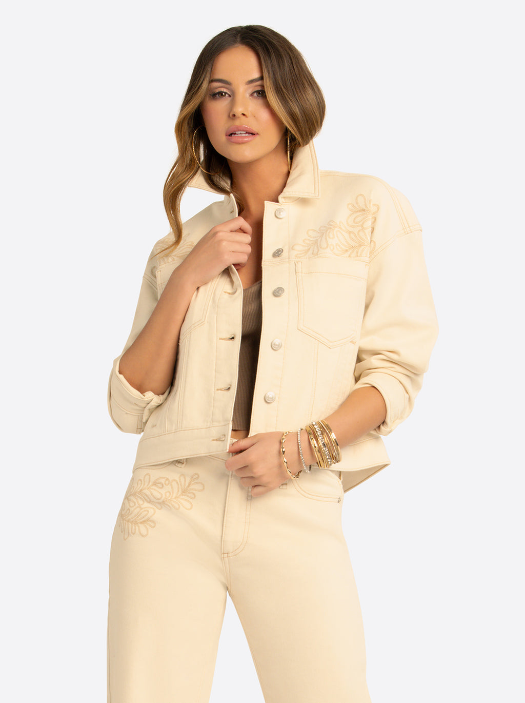 JS Jessica Simpson Pleat Back Denim Jacket  in Undyed Natural
