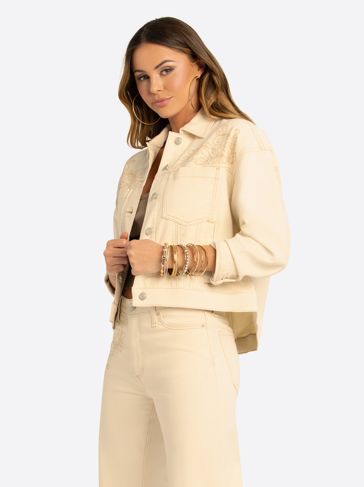 JS Jessica Simpson Pleat Back Denim Jacket in Undyed Natural