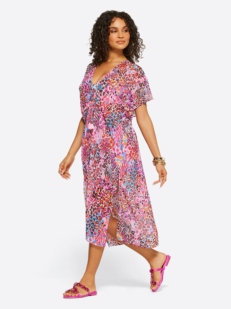 French Exit Long Swim Cover Up in Pink Multi