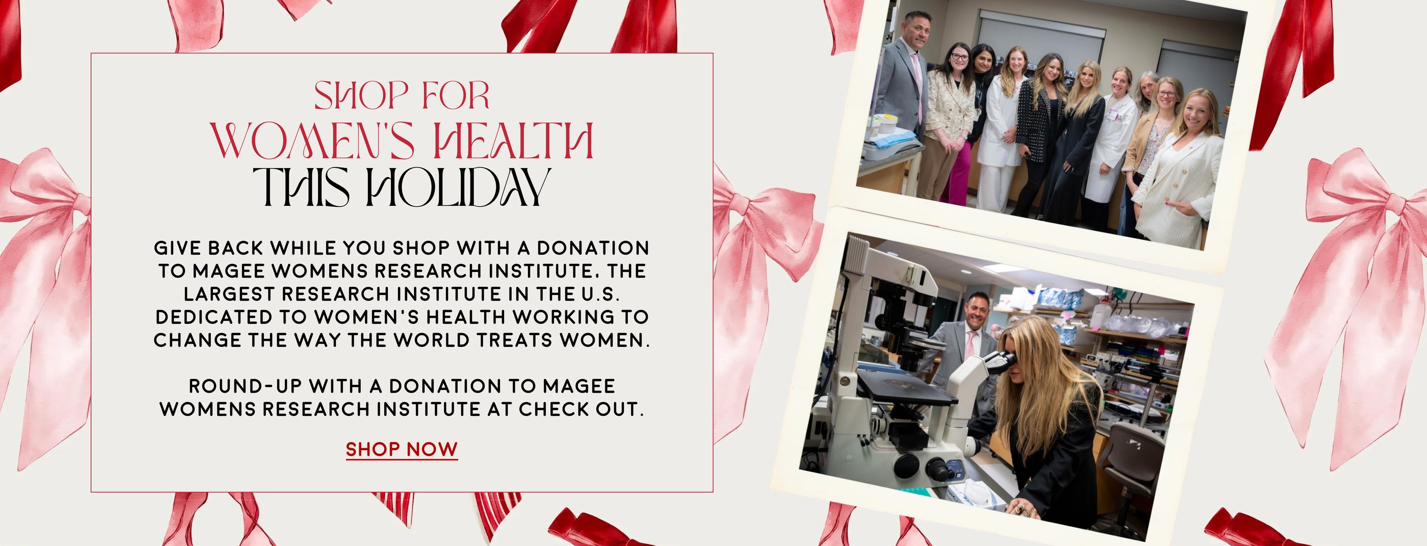 Advertisement for women's health products with a collage of people and a laboratory image, surrounded by decorative ribbons.