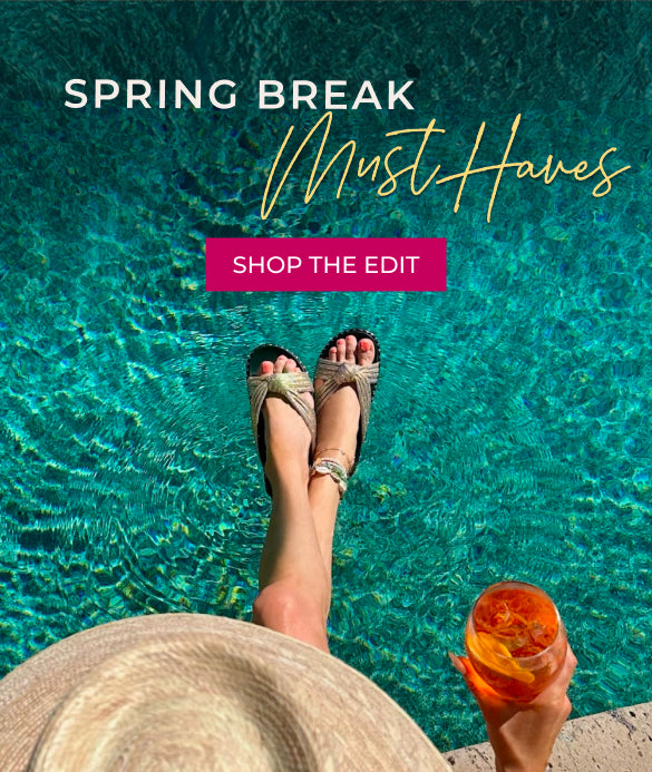 Person by a pool holding a drink with text overlay 'Spring Break Must Haves' and 'Shop the Edit'.