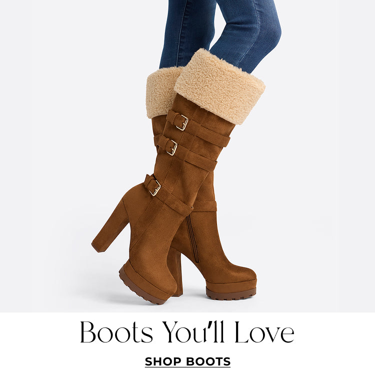 Brown knee-high boots with fur trim on a white background. Boots You'll Love. Shop Boots.