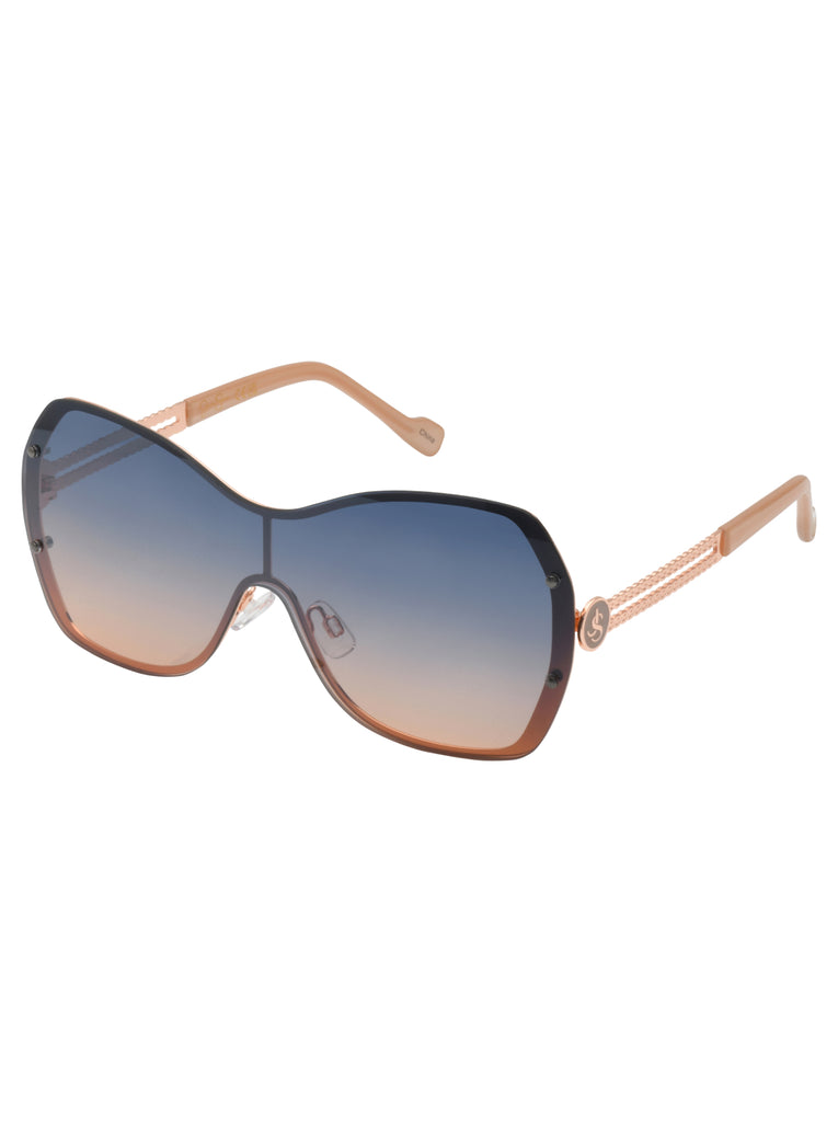 Frameless Metal Shield Sunglasses in Rose Gold & Nude