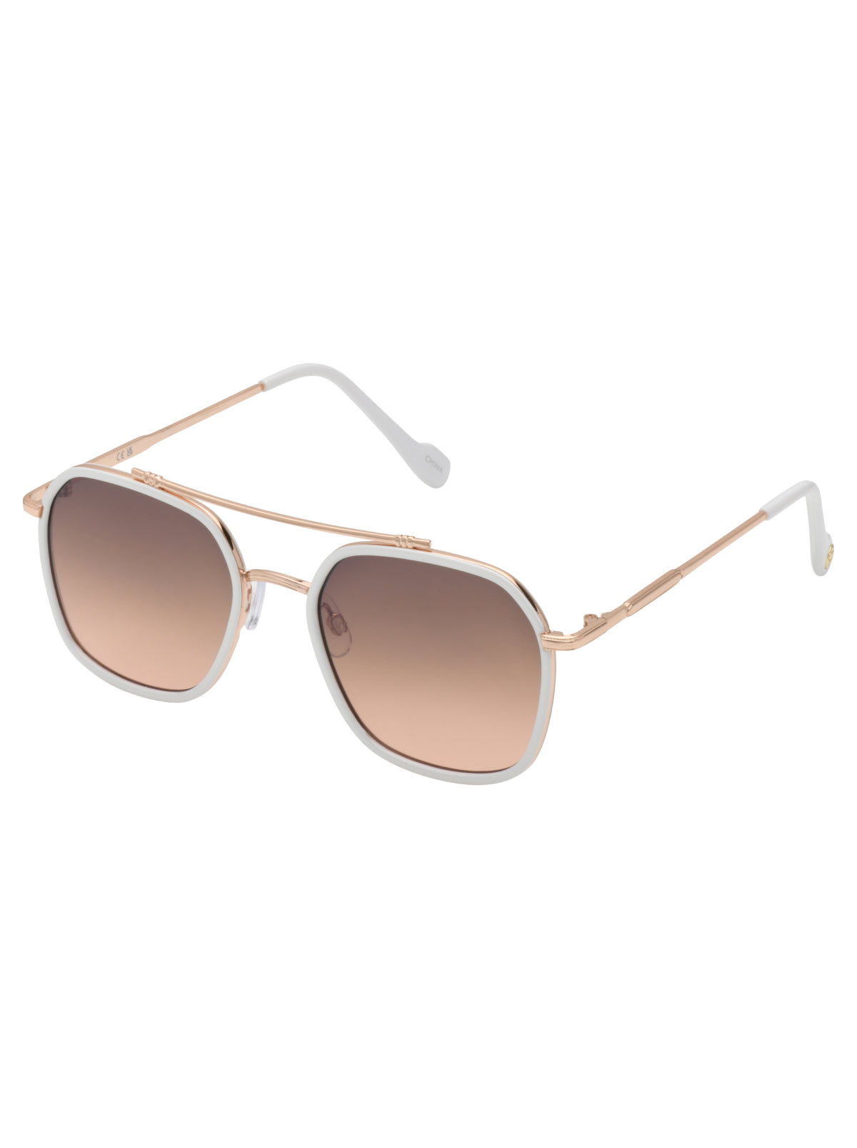 Square Metal Aviator Pilot Sunglasses in Rose Gold & White