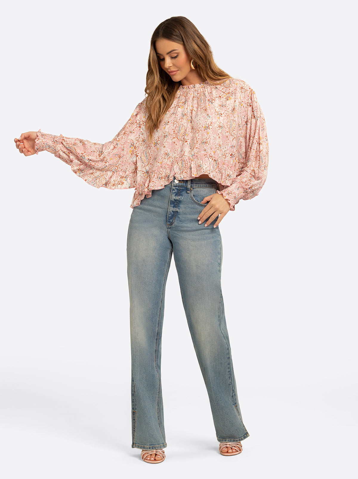 JS Jessica Simpson Anaya Mock Neck Blouse in Shell-Calia Paisley