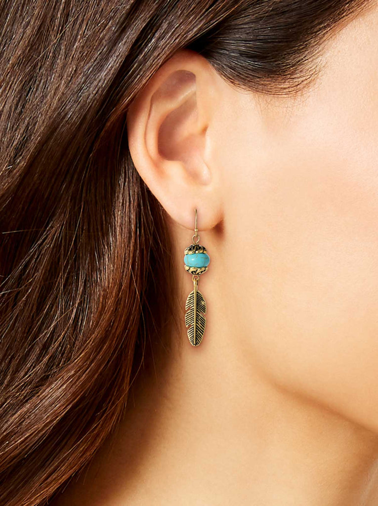 Turquoise Bead Feather Drop Earrings in Gold
