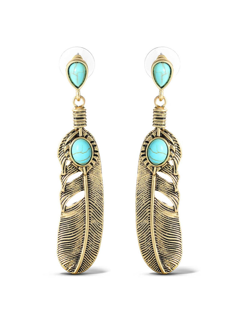 Turquoise Stone Feather Drop Earrings