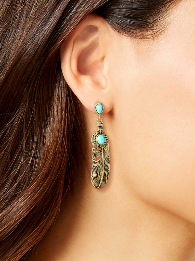 Turquoise Stone Feather Drop Earrings