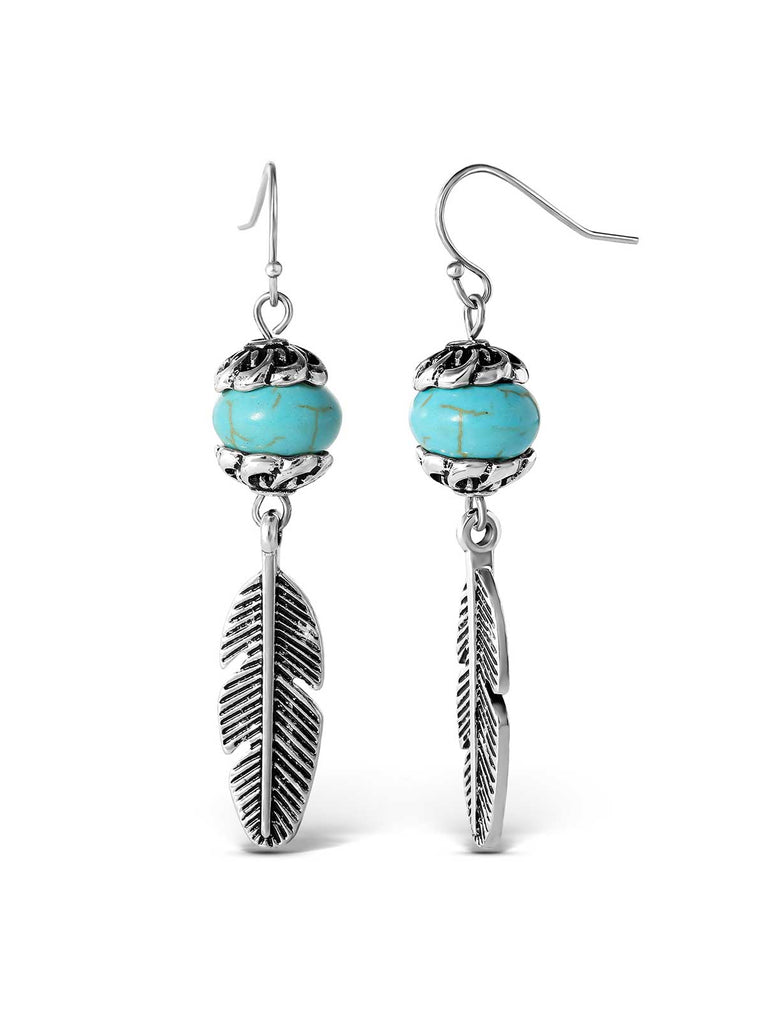 Turquoise Bead Feather Drop Earrings in Silver