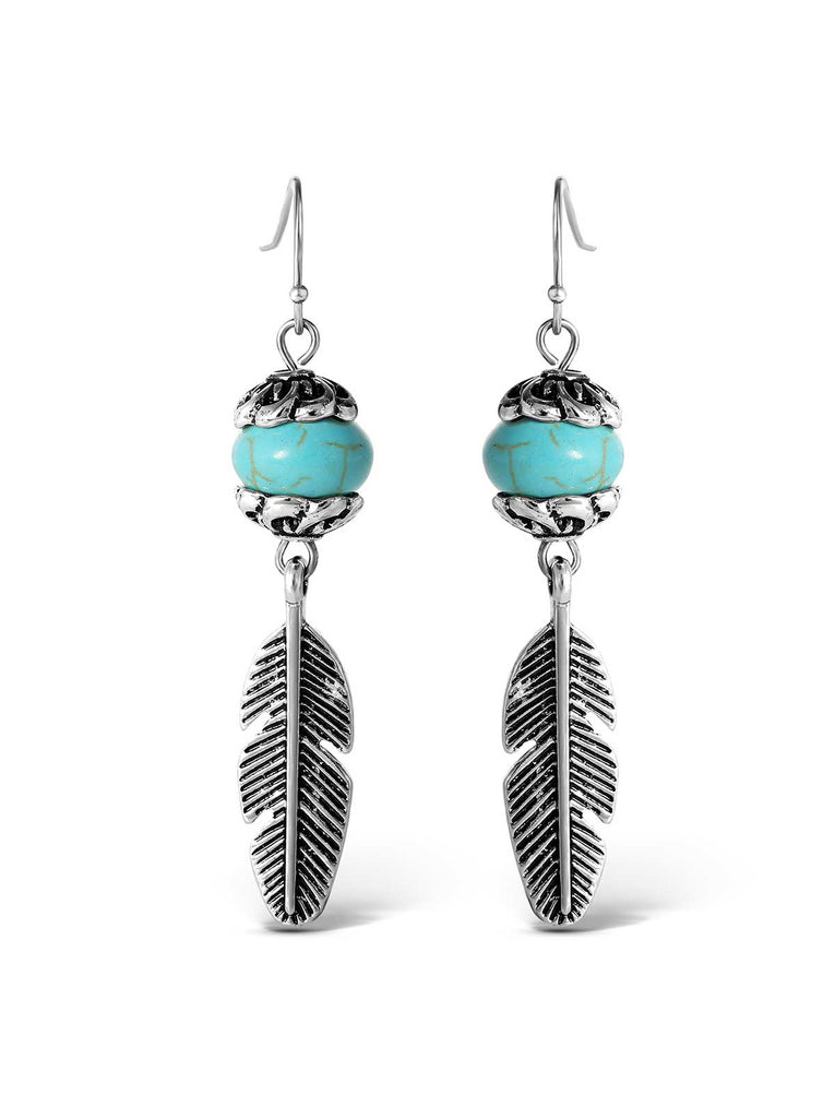 Turquoise Bead Feather Drop Earrings in Silver