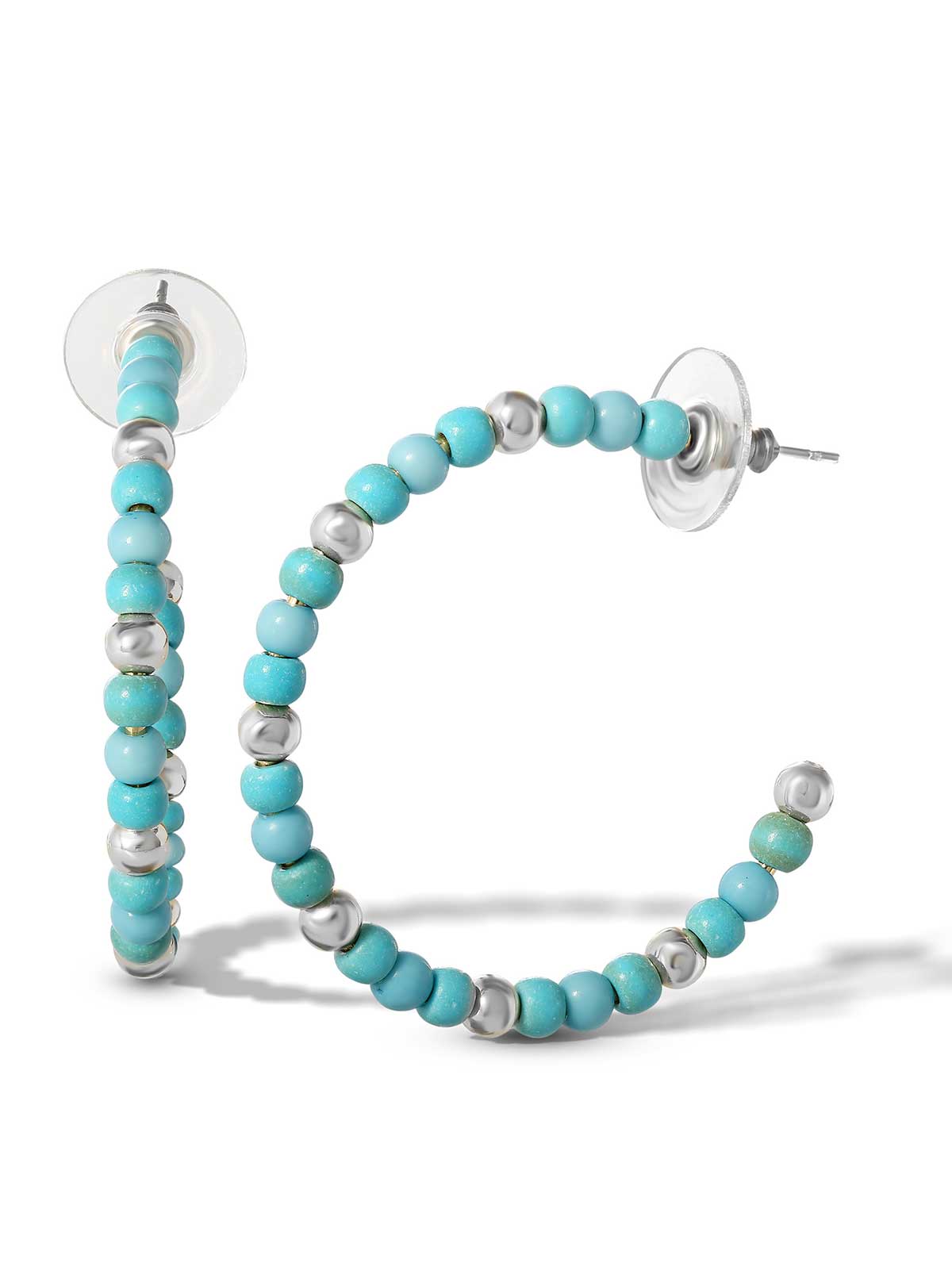 Turquoise Bead Hoop Earrings in Silver