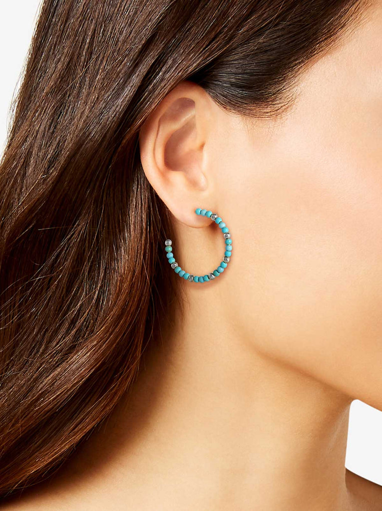 Turquoise Bead Hoop Earrings in Silver