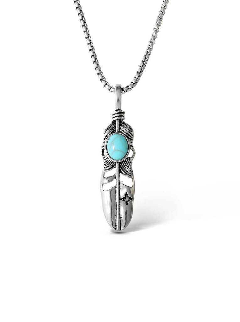 Feather Necklace with Turquoise Stone in Silver