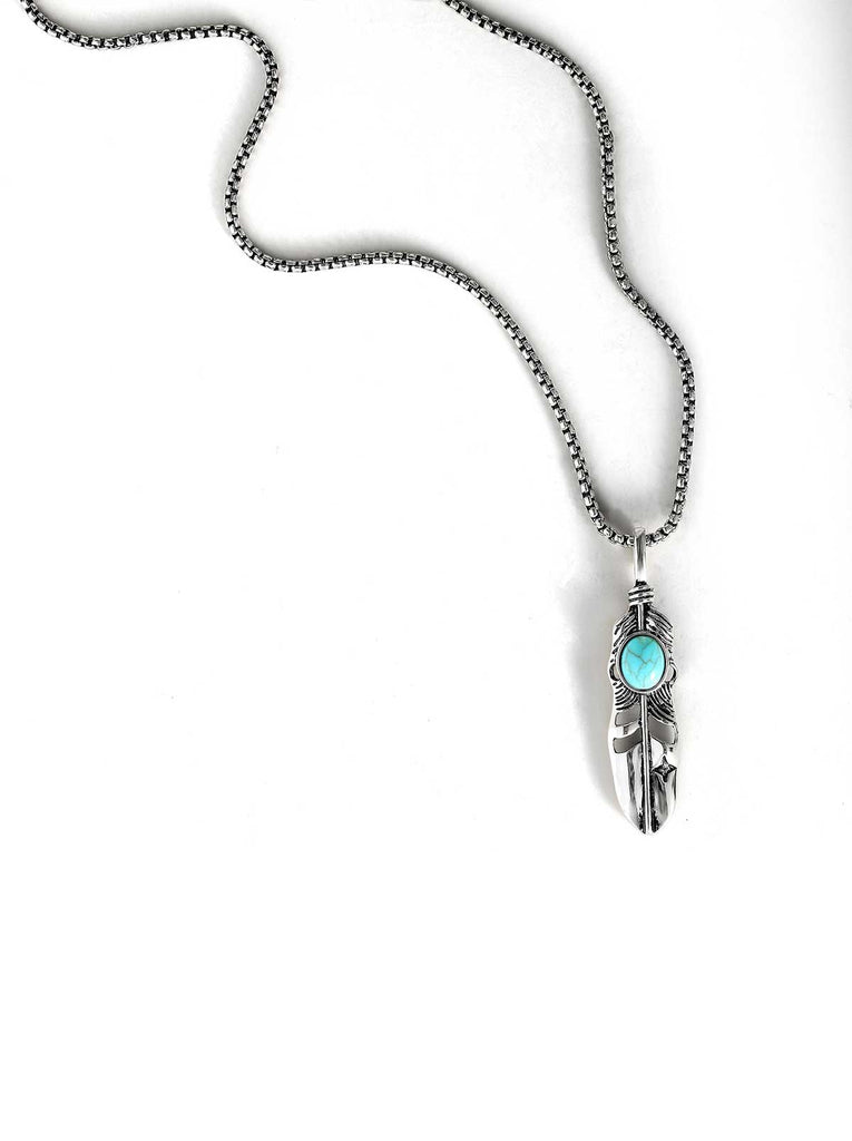 Feather Necklace with Turquoise Stone in Silver