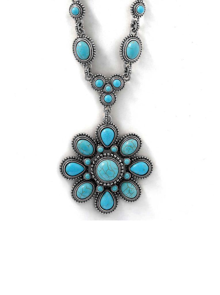 Large Turquoise Stone Flower Necklace in Silver
