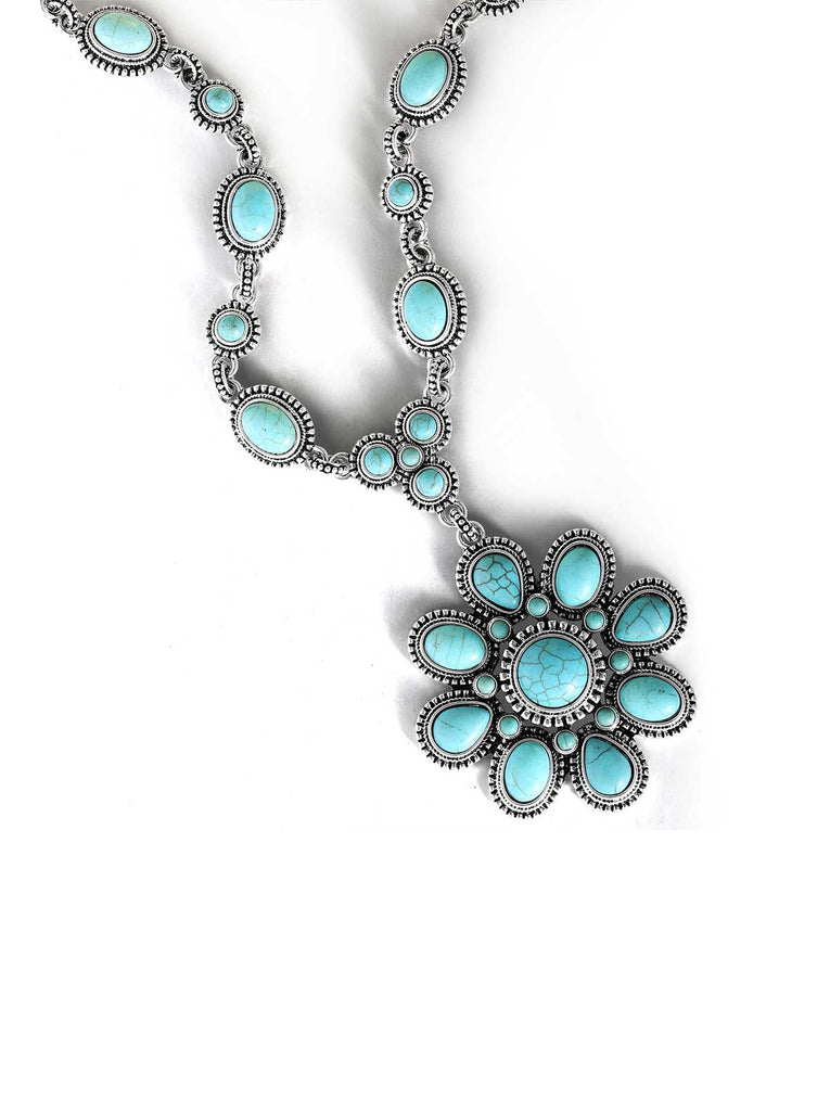 Large Turquoise Stone Flower Necklace in Silver
