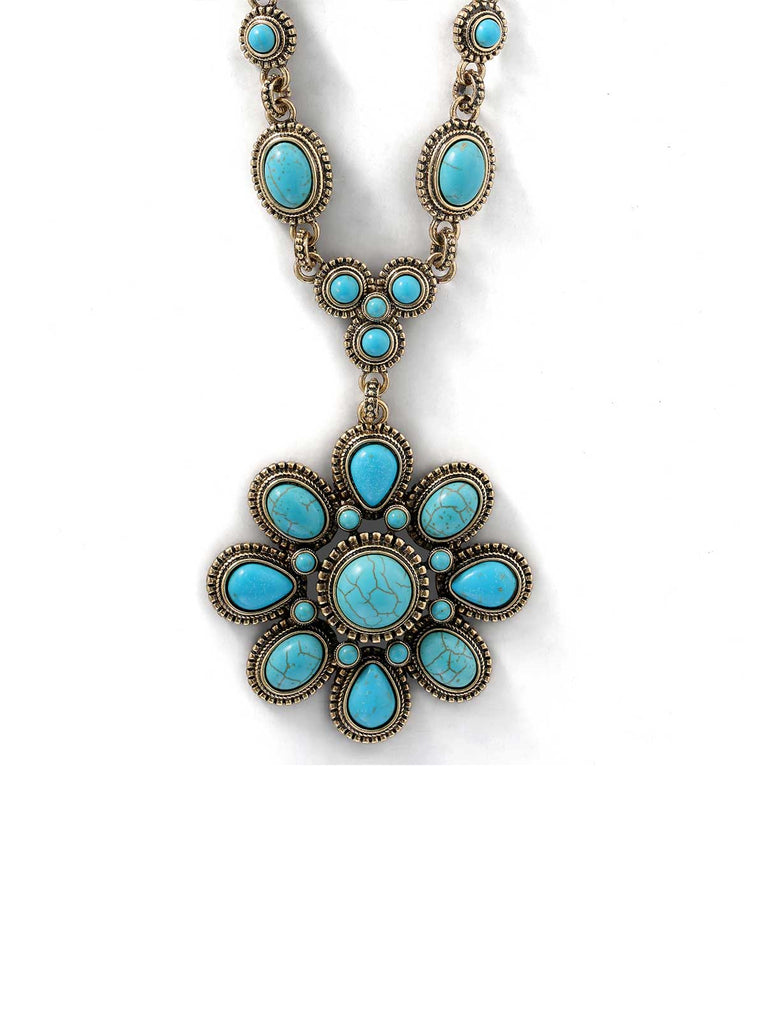 Large Turquoise Stone Flower Necklace in Gold