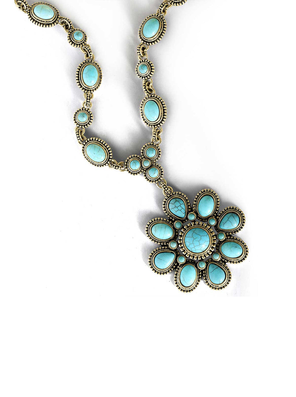 Large Turquoise Stone Flower Necklace in Gold