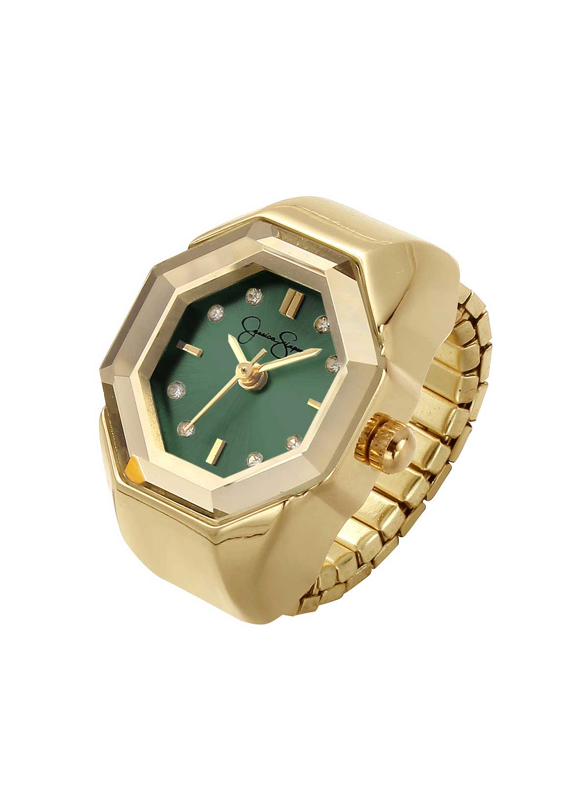 Faceted Bezel Crystal Ring Watch in Gold & Green