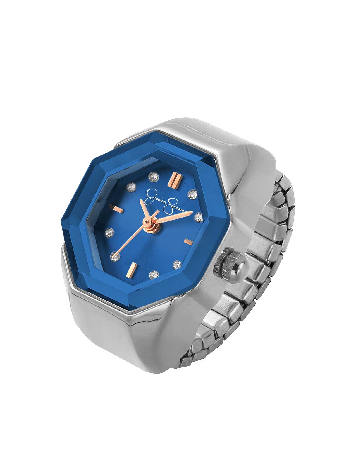 Faceted Bezel Crystal Ring Watch in Silver & Blue