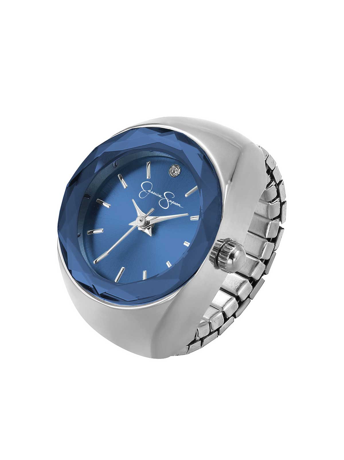 Faceted Bezel Single Crystal Ring Watch in Silver & Blue