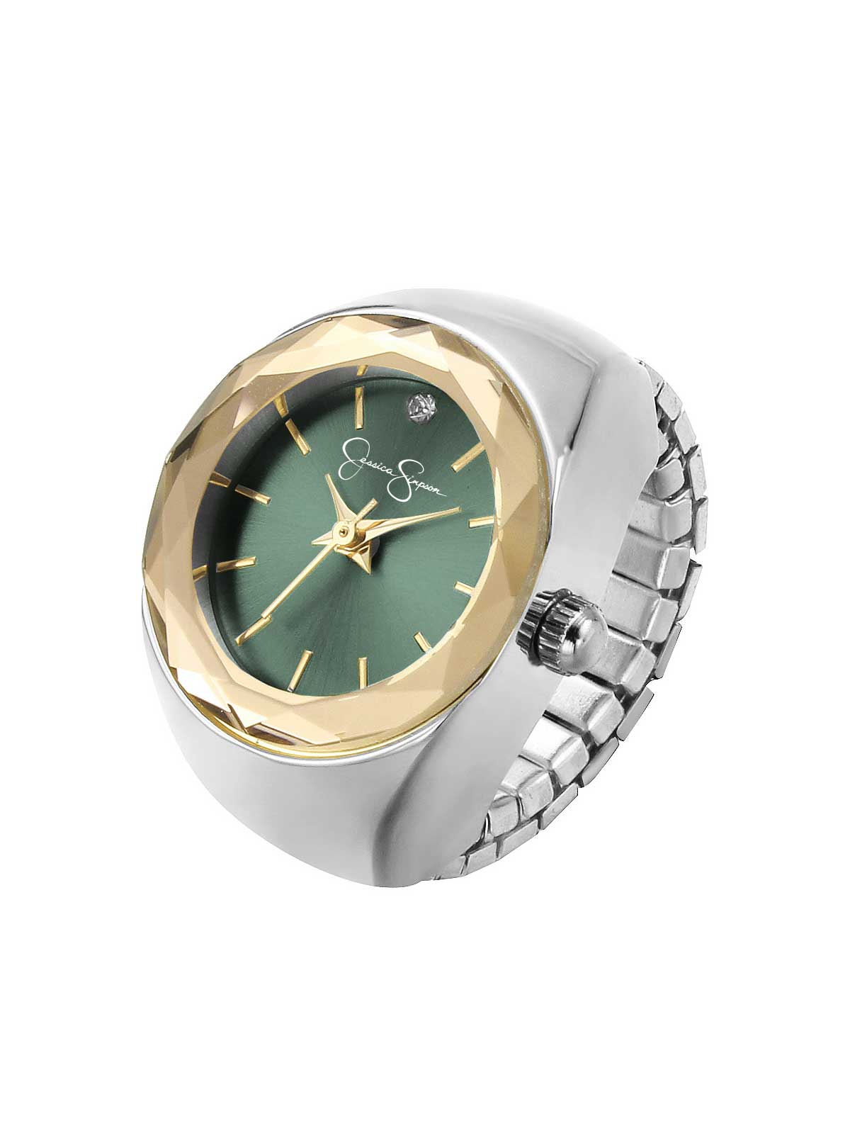 Faceted Bezel Single Crystal Ring Watch in Silver, Gold & Green