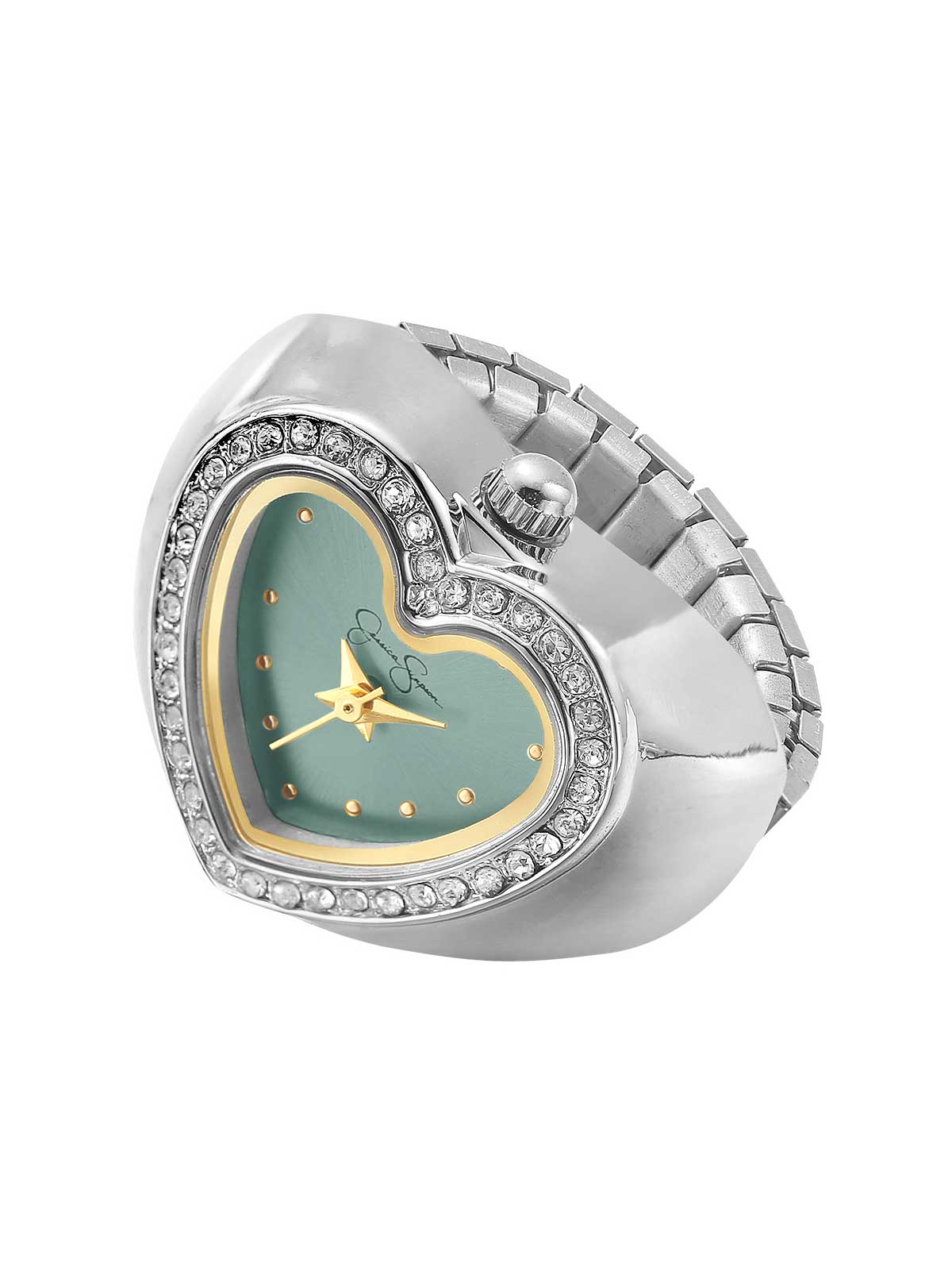 Crystal Heart Ring Watch in Silver & Teal