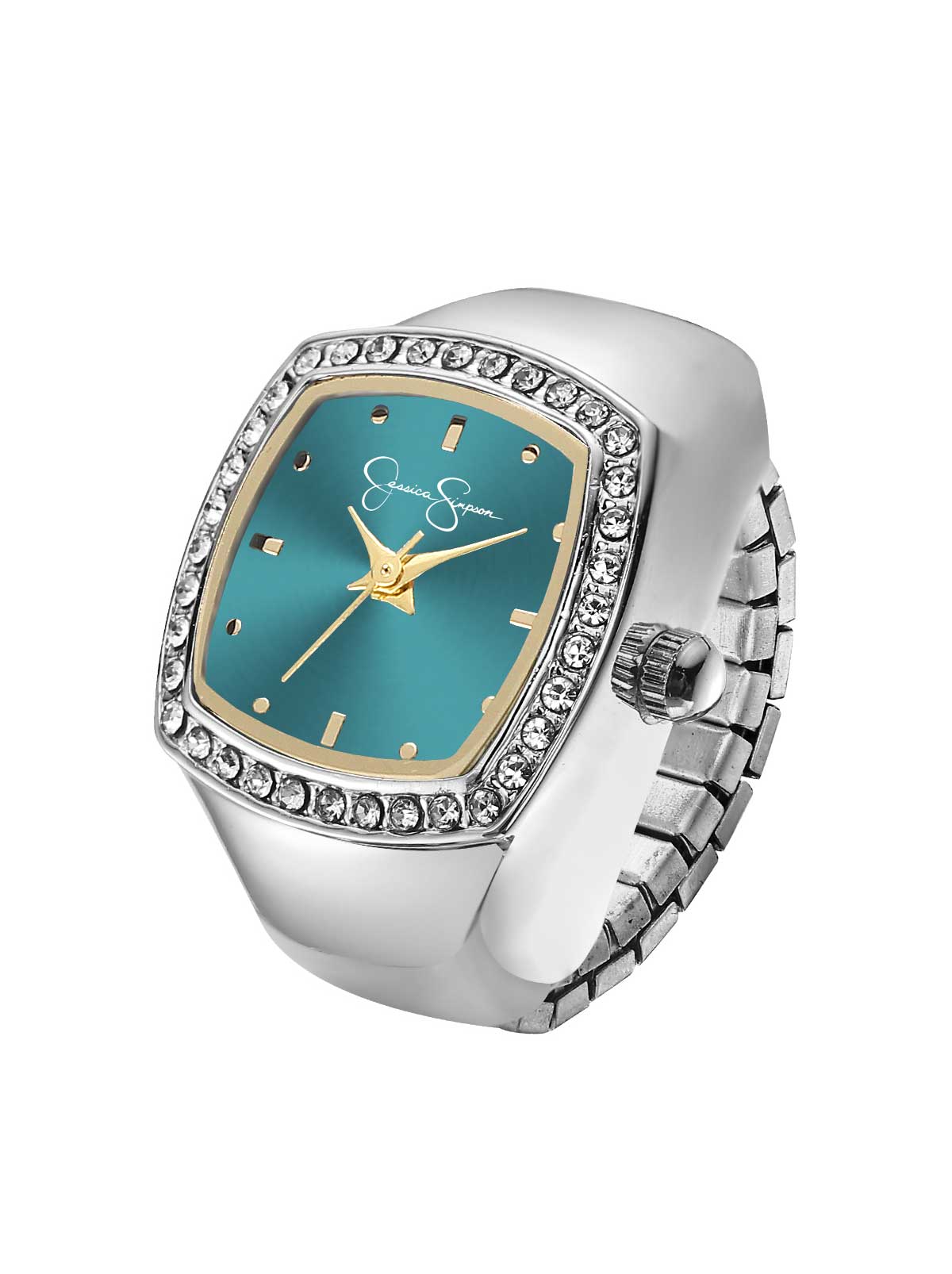 Cushion Crystal Ring Watch in Silver & Teal