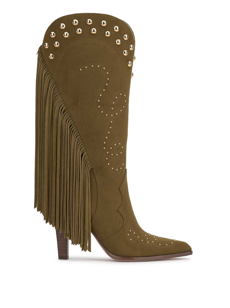 Rosera Studded Fringe Boot in Olive Green