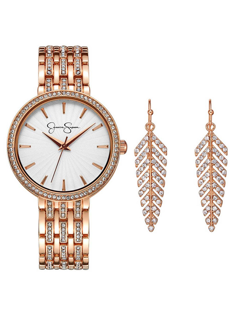 Crystal Bezel Watch & Feather Earring Set in Rose Gold Tone