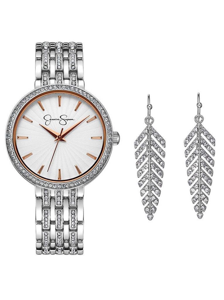 Crystal Bezel Watch & Feather Earring Set in Silver Tone