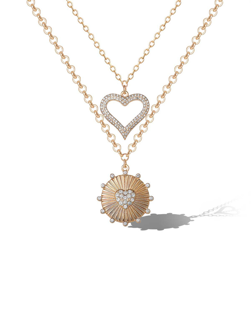 Layered Heart & Sunburst Pendant Necklace Set