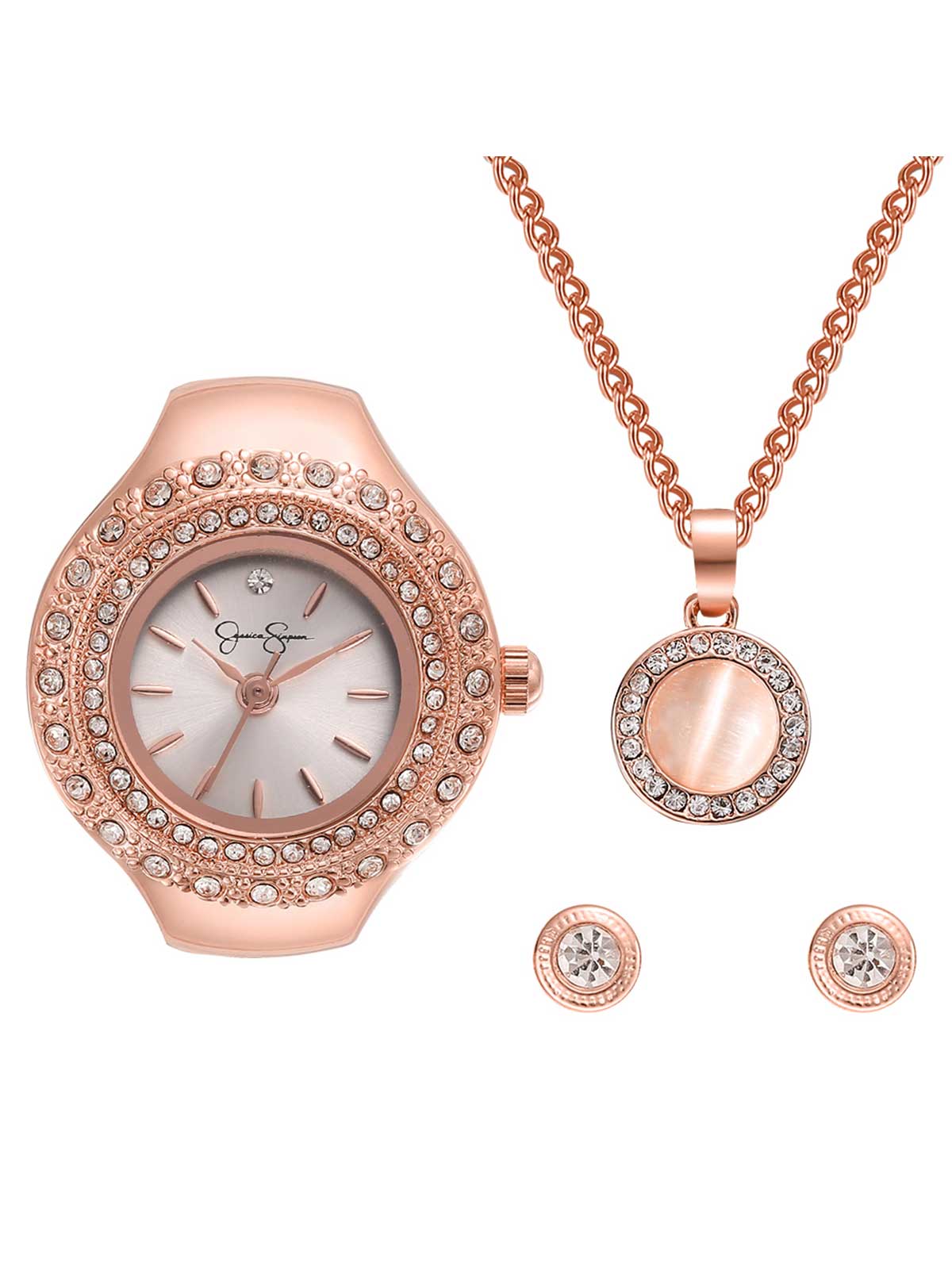 Crystal Filigree Ring Watch, Pendant & Earring Set in Rose