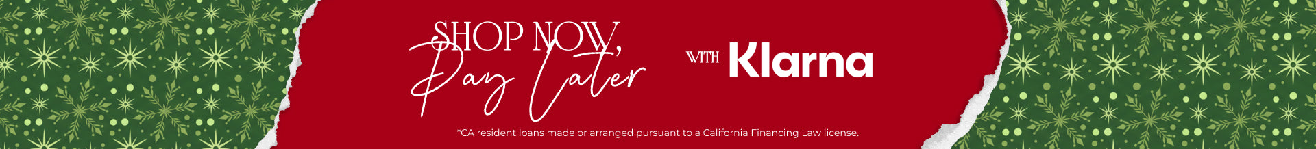 Promotional banner for Klarna with a red banner and green festive background.Pay with Klarna.