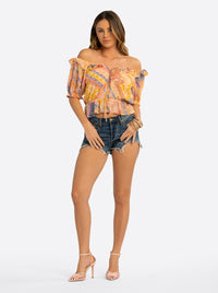 JS Jessica Simpson Cozette Peplum Blouse in Multi Celestial Patchwork