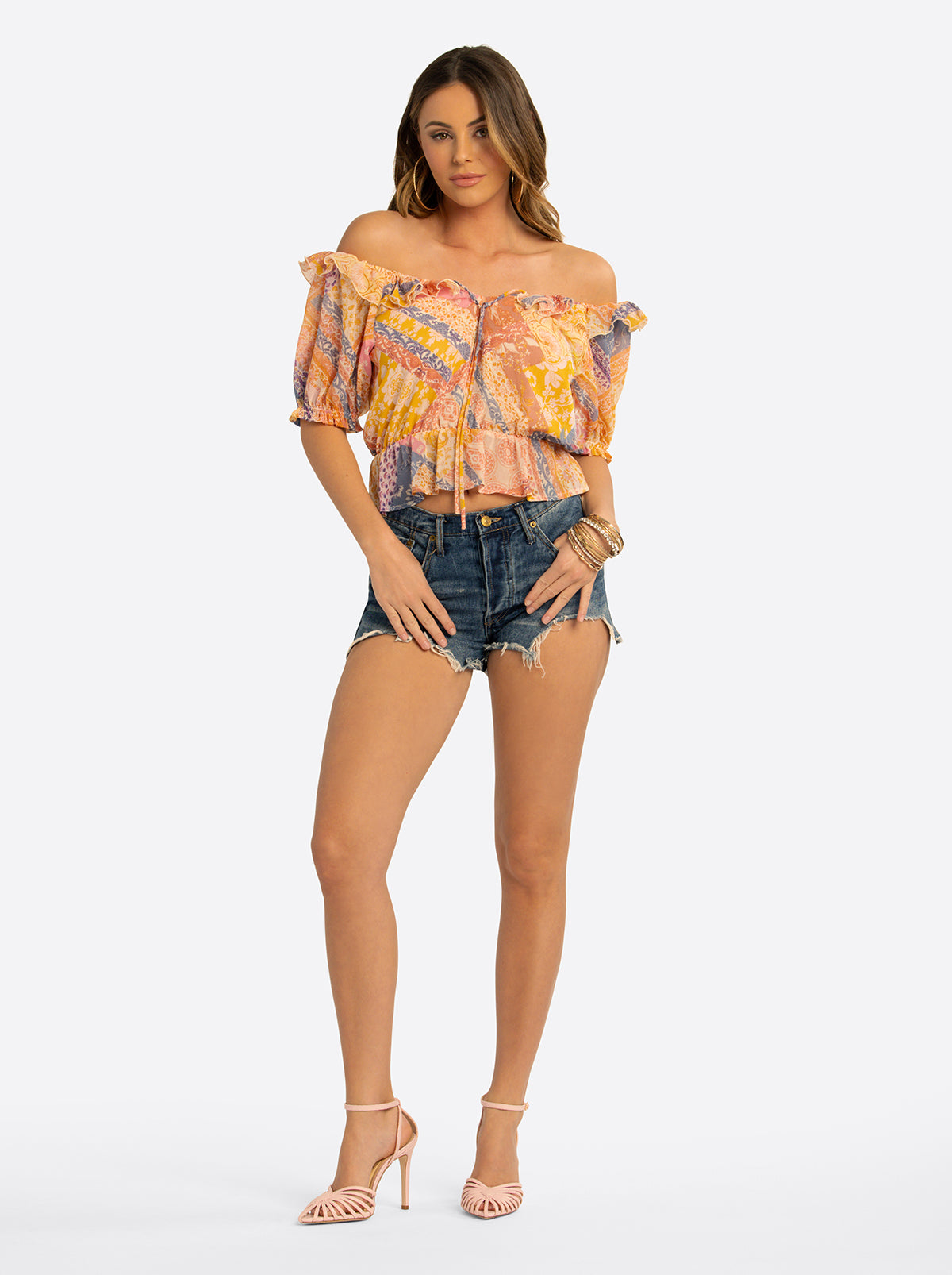 JS Jessica Simpson Cozette Peplum Blouse in Multi Celestial Patchwork