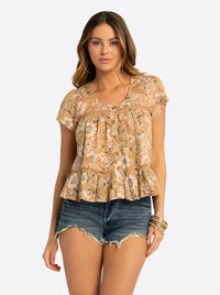 JS Jessica Simpson Mirna Blouse in Camel Victorian Paisley
