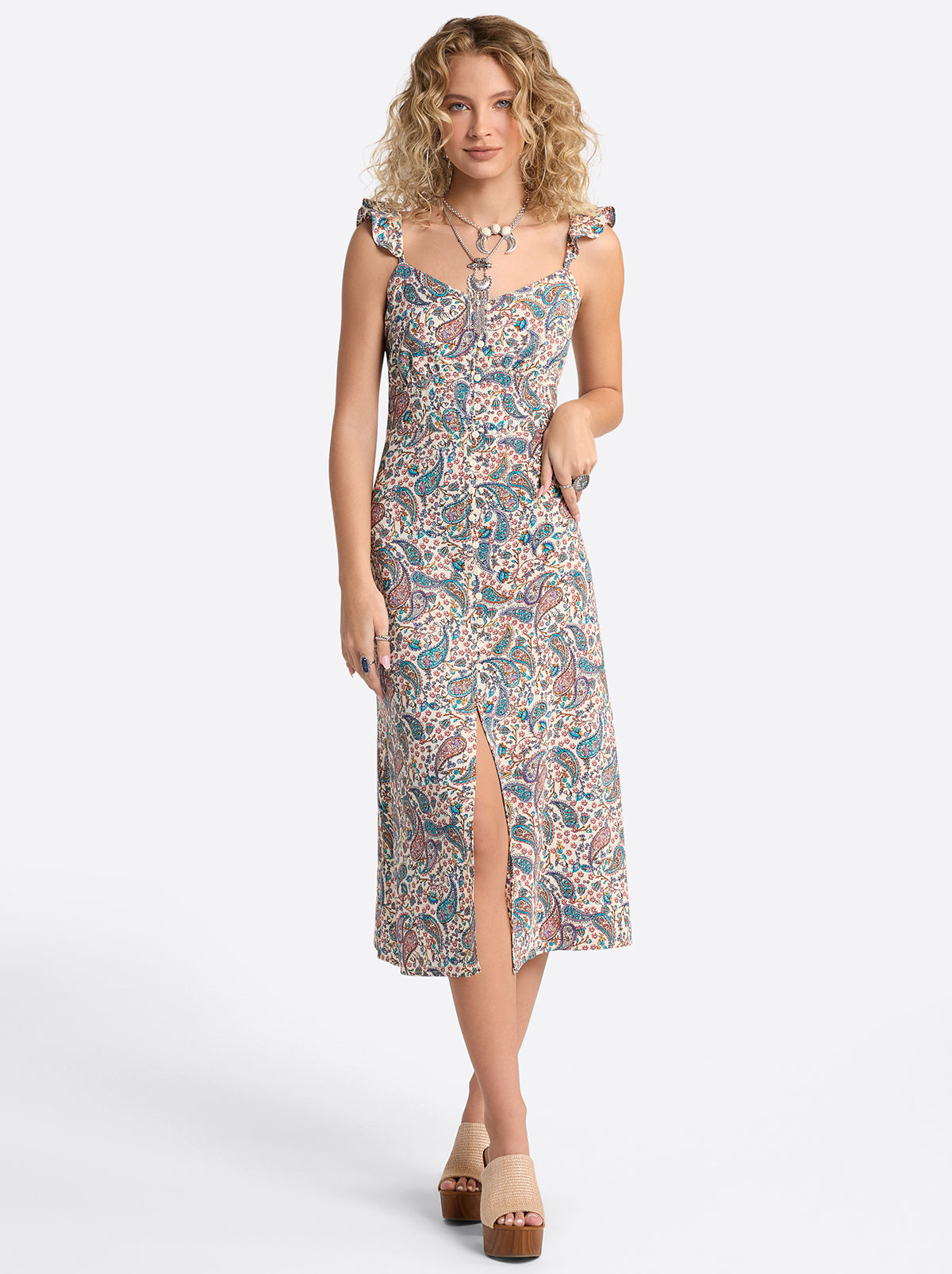 slim fit dress slacks JS Jessica Simpson Sosa Tiered Dress in Shell-Calia Paisley main image 0