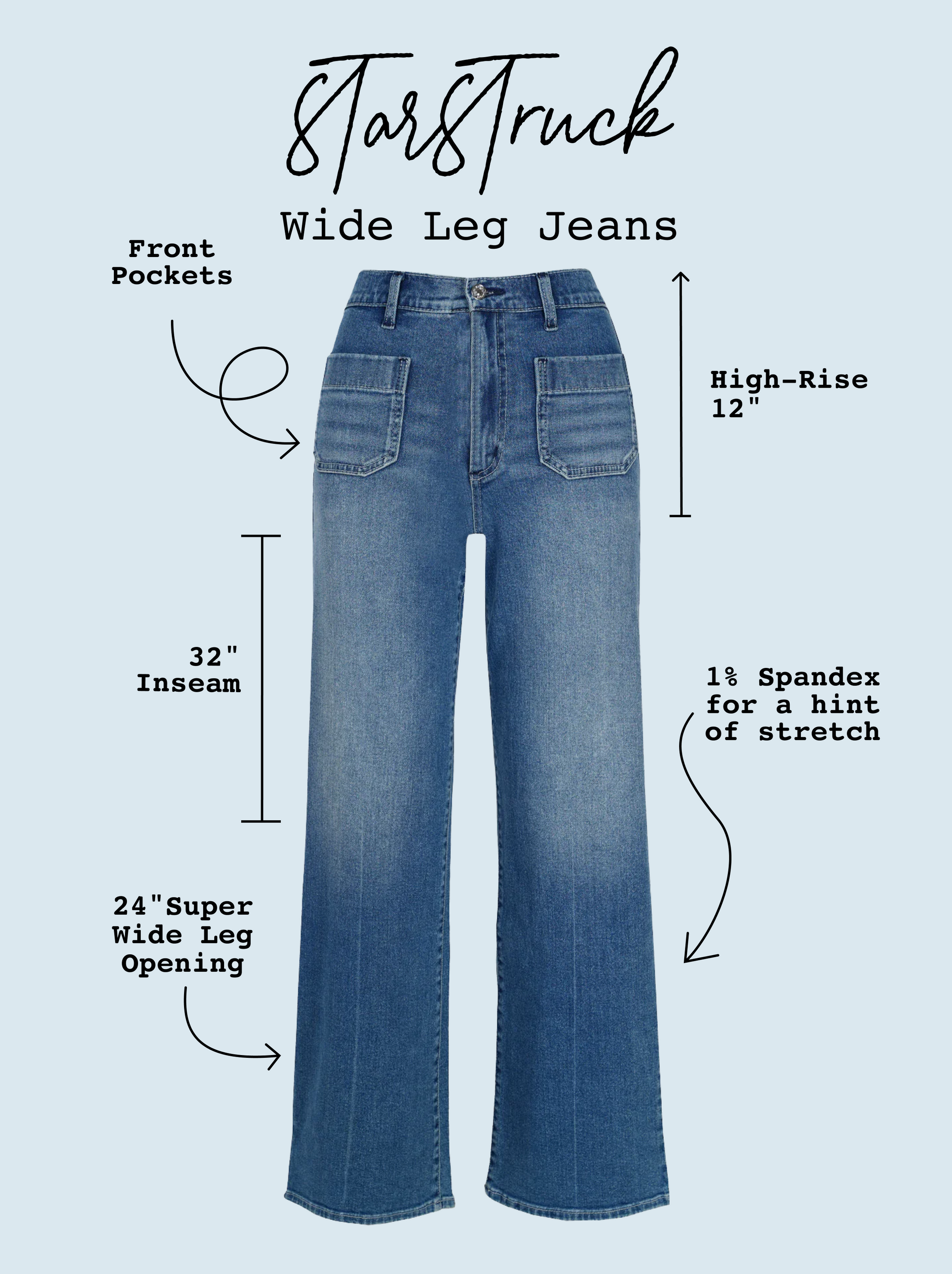 THUNDER STAR Women's Stretch Wide Leg Jeans - Mid Rise Patchwork Denim Pants, Blue, Size 14